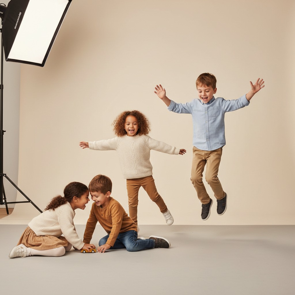 Czworo dzieci w różnym wieku bawi się w studiu fotograficznym, podczas gdy jedno z nich skacze w powietrzu.