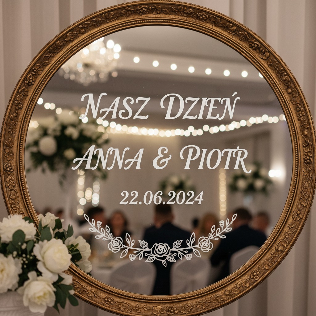 Okrągłe lustro w ozdobnej złotej ramie z wygrawerowanym napisem „Nasz dzień Anna & Piotr 22.06.2024” oraz motywem kwiatowym, w którym odbija się sala weselna.